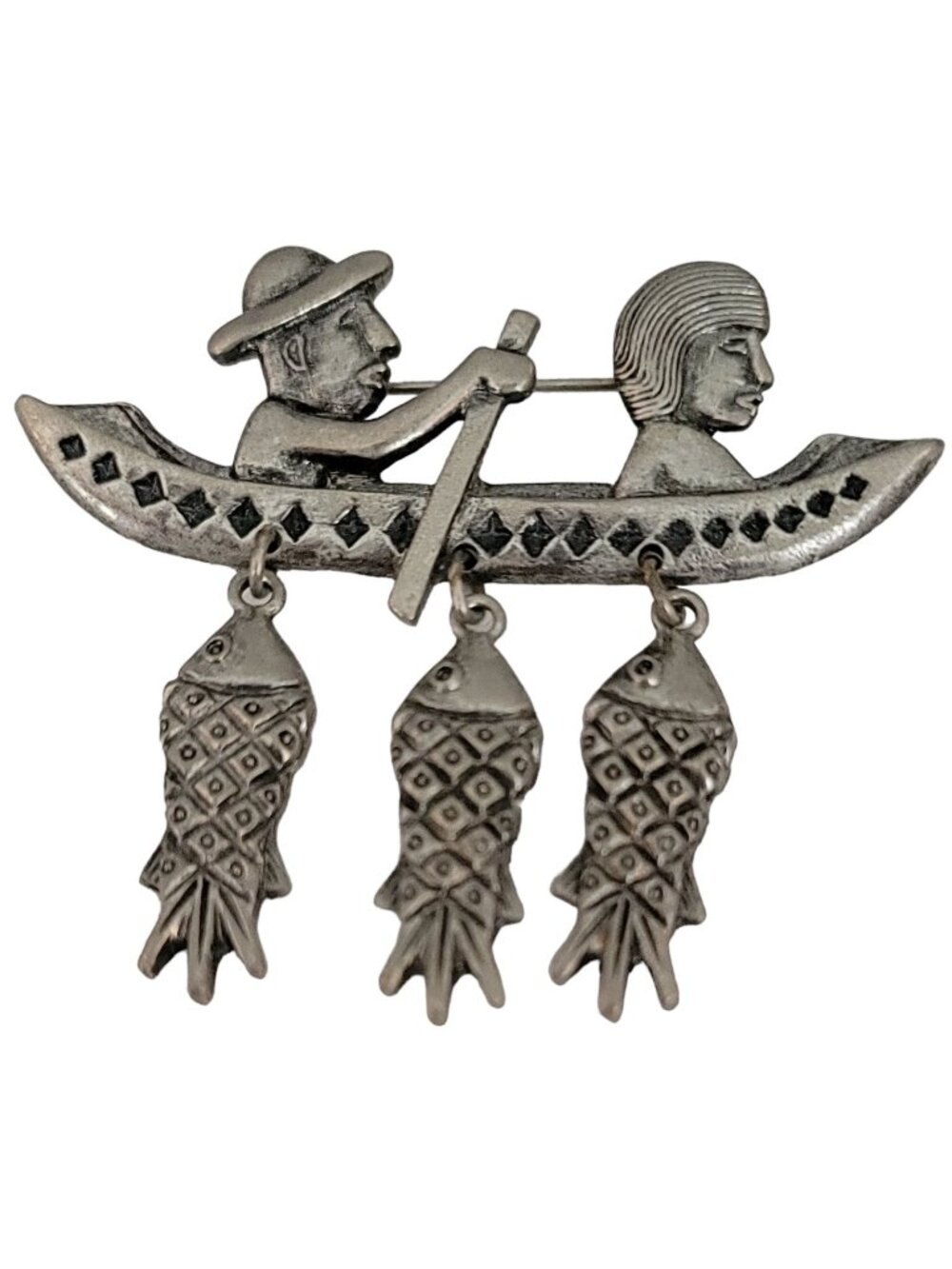Silver Tone Fisherman On Boat With Three Fishes Dangles Pin Brooch K386